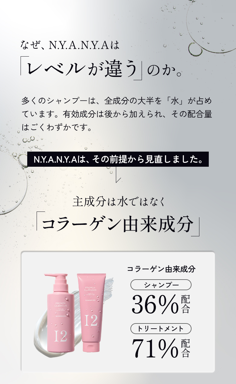 なぜ、N.Y.A.N.Y.A（NYANYA、ニャニャ）は「レベルが違う」のか。主成分は水ではなくコラーゲン由来成分 シャンプー 36%配合、トリートメント 71%配合