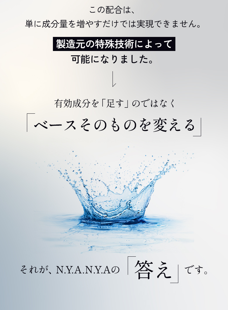 この配合は、単に成分量を増やすだけでは実現できません。製造元の特殊技術によって可能になりました。有効成分を「足す」のではなく「ベースそのものを変える」それが、N.Y.A.N.Y.A（NYANYA、ニャニャ）の答え」でです。