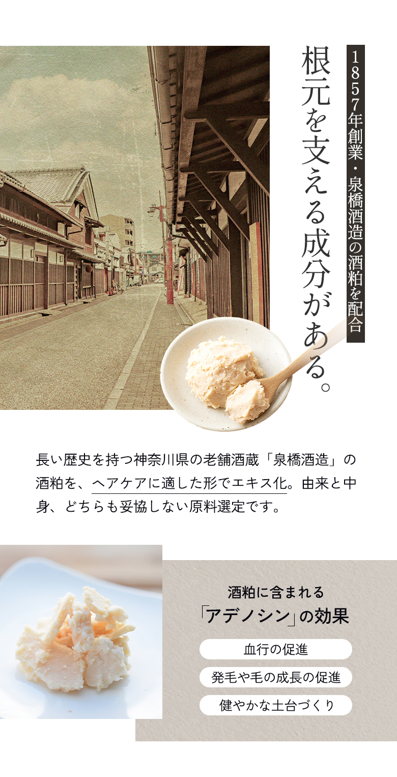 【1857年創業・泉橋酒造の酒粕を配合】根元を支える成分がある。
